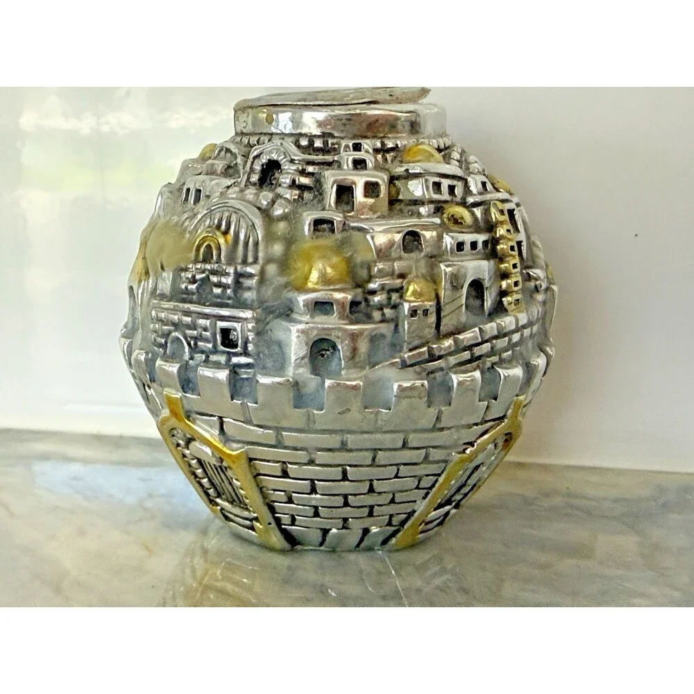 Vintage 925 Sterling Silver Gold Plated Jerusalem Cityscape Candlestick Holder